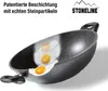 A wok pan with fried eggs inside, with marketing text and a brand logo. Produktbild-Vorschau