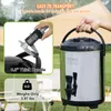A person is holding a large insulated beverage dispenser outdoors, with a tent in the background. A close-up inset shows a caliper measuring the thickness of the dispenser's handle. Another inset shows a weight icon. Produktbild-Vorschau