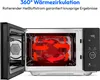 An open microwave oven showing the interior with red arrows indicating heat circulation, and the control panel with a digital display. Produktbild-Vorschau