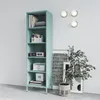 A tall, narrow bookshelf in a seagreen color is shown in a room setting, next to some framed artwork and a potted plant. Náhled obrázku produktu