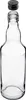 An empty glass bottle with its cap hovering above the opening. Produktbild-Vorschau