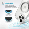 A clear iPhone case with a MagSafe ring, shown from a diagonal angle, with diagrams illustrating its dual-layer impact technology. Produktbild-Vorschau