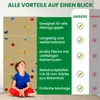 A child sits in front of a climbing wall with text highlighting its features. Produktbild-Vorschau