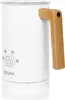 A white milk frother with a wooden handle is shown against a white background. Produktbild-Vorschau