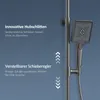 A close-up marketing image of a shower head and rail system, with German text highlighting features. Produktbild-Vorschau
