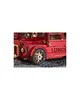 A close-up of a red wooden model of a London double-decker bus, focusing on the front wheel and the side with the word "LONDON" printed on it. Náhľad obrázku produktu