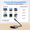 A product shot of a USB-C card reader with a cable, placed on a wooden surface, with a marketing graphic overlay detailing compatibility. Produktbild-Vorschau