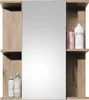 A bathroom medicine cabinet with shelves and a mirror. It has bottles and containers on the shelves. Produktbild-Vorschau