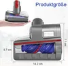 A cutaway view of a vacuum cleaner attachment with dimensions shown, and a smaller inset image of the attachment being held in a hand. Produktbild-Vorschau