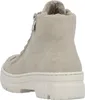A rear view of a beige boot with a zipper and fur lining. Podgląd zdjęcia produktu