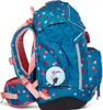 A blue backpack with pink and red polka dots, shown from a side-diagonal angle against a white background. Anteprima dell’immagine prodotto