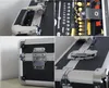A collage of four close-up images of a tool case, showing its handle, latches, and interior tools. Produktbild-Vorschau