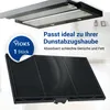 A kitchen range hood with a charcoal filter displayed below it, with text overlay. Produktbild-Vorschau