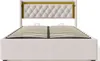 A front view of a bed frame with a tufted headboard and a slatted base. Produktbild-Vorschau