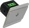 A close-up, angled view of a laser distance sensor with a brushed aluminum faceplate and a black 3D-printed housing with green terminal connectors. Anteprima dell’immagine prodotto