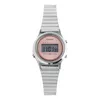 A digital watch with a silver band and a pink face. Produktbild-Vorschau