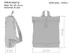 Diagrams and text showing the dimensions and features of a backpack. Produktbild-Vorschau