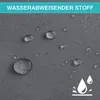 Close-up of a gray fabric with water droplets on it, indicating water-repellent properties. Text overlay highlights the feature. Produktbild-Vorschau