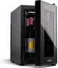 A black wine cooler with its door slightly ajar, revealing two bottles of wine inside. Produktbild-Vorschau