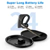 A black Bluetooth headset and its charging case are displayed against a white background, with promotional text and icons highlighting battery life. Podgląd zdjęcia produktu