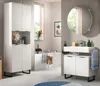 A modern bathroom with a tall white cabinet, a vanity with a sink and mirror, and a bathtub. Produktbild-Vorschau