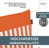Close-up of an orange and white striped cushion with text overlays describing its features and quality. Produktbild-Vorschau