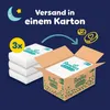 Illustration showing Pampers diapers being shipped in a box, with coins symbolizing savings or rewards. Produktbild-Vorschau