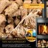 A collage of images showing wood wool fire starters, a close-up of liquid wax being poured, and a wood-burning stove with a fire. Produktbild-Vorschau