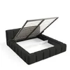A black upholstered bed frame with the mattress support mechanism lifted, revealing the storage space underneath. Voir les images du produit