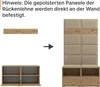 An illustration showing how to assemble a coat rack and shoe cabinet into a complete hallway unit. Produktbild-Vorschau