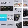 A collage of images showcasing a mechanical keyboard and its features. Produktbild-Vorschau