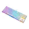 A white mechanical keyboard with RGB backlighting, shown from a diagonal angle on a white background. Produktbild-Vorschau