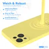 A yellow phone case is shown with liquid pouring onto it, creating ripples. Text overlays describe its features. Produktbild-Vorschau