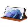 A brown leather flip case for a Samsung S21 5G phone, shown open with the phone displaying a blue and white abstract image. Produktbild-Vorschau