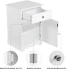 A white nightstand with a drawer and a cabinet door open, showing internal shelves. Close-up insets highlight the magnetic door catch, metal hinges, and a shiny metal handle. Produktbild-Vorschau