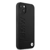 A black iPhone case with the BMW logo embossed on it, shown from a side angle against a white background. Produktbild-Vorschau