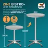 Diagram showing a 2-in-1 bistro and standing table with dimensions and weight. Produktbild-Vorschau