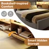 A bed with a built-in bookshelf and storage unit, showcasing its features. Produktbild-Vorschau