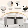 A product image showcasing a white sideboard/cabinet with multiple compartments, featuring callouts for its waterproof surface, shaped door handle, clearance for robotic vacuum cleaners, and a honeycomb litter mat. Anteprima dell’immagine prodotto