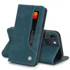 A teal-colored flip case for an iPhone 13 is shown open, displaying a card slot with a Mastercard visible. The case is propped up, showing its stand function. Produktbild-Vorschau
