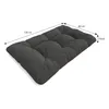 A dark gray tufted cushion with dimensions indicated by text overlays. Voir les images du produit