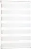 A white roller blind with horizontal stripes of opaque and sheer fabric, hanging vertically.