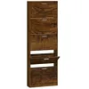 A tall, narrow shoe cabinet with multiple flip-down drawers, made of wood-effect material. Podgląd zdjęcia produktu