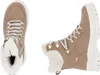Two views of a pair of beige winter boots with white fur lining and white soles, presented on a white background. Voir les images du produit