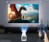 A projector is projecting an image of a dragon and a person onto a wall, with a remote control in hand. Produktbild-Vorschau