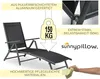 A grey reclining lounge chair is shown with text overlays highlighting its features and a hand cleaning it. Produktbild-Vorschau