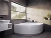 A modern bathroom with a corner bathtub, sink, and large window. Produktbild-Vorschau