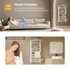 A woman wrapped in a towel is drying her hair next to a towel warmer in a bathroom, and another image shows a woman relaxing on a couch with a towel warmer in the background. Anteprima dell’immagine prodotto