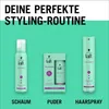 Three Taft hair styling products (mousse, powder, and hairspray) are displayed against a teal background, with text indicating a "Perfect Styling Routine." Produktbild-Vorschau