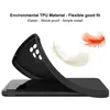 A black phone case is shown being flexed to demonstrate its elasticity, with feathers in the background to emphasize its lightness. Produktbild-Vorschau